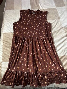 Girls Brown Floral Ruffle Hem Dress